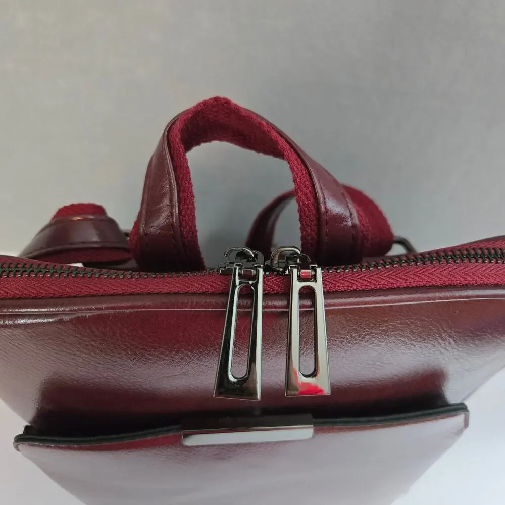 Backpack Mid-Size Burgundy Hard Shell Faux Leather Zipper Closure Adj Straps NEW